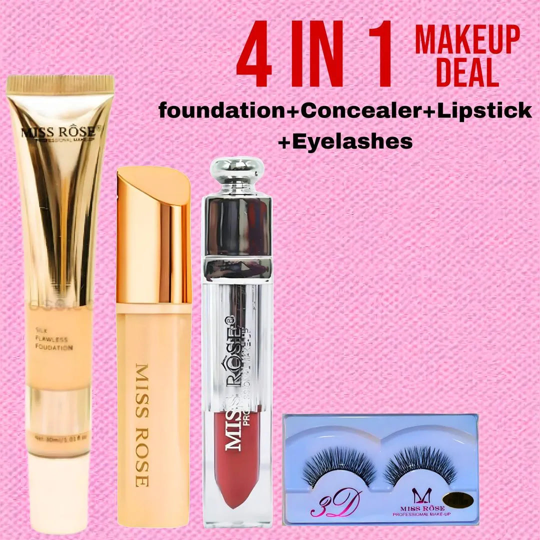 4 in 1 Makeup Bundle - Foundation, Lipsticks, Concealer & Eyelashes