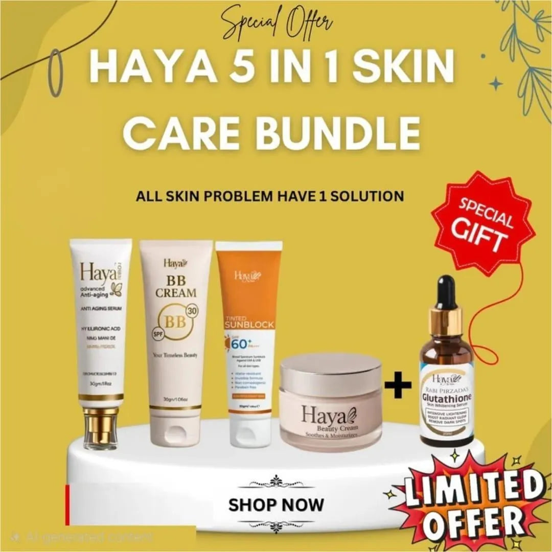 Essential 5 in 1 Skincare Bundle - Haya Sunblock, BB Cream, Beauty Cream, Ultra Cream & Serum