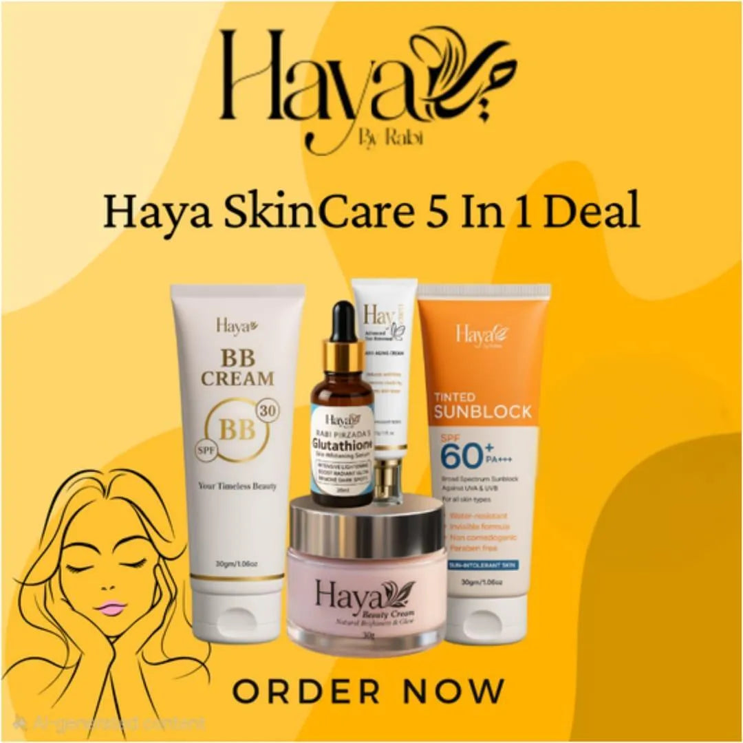 Essential 5 in 1 Skincare Bundle - Haya Sunblock, BB Cream, Beauty Cream, Ultra Cream & Serum
